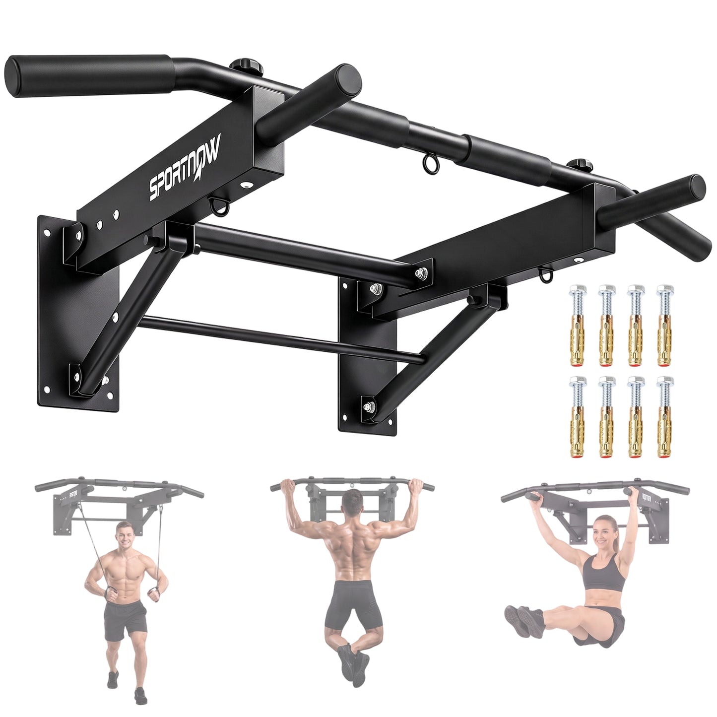 Pull Up Bar Wall Mounted Chin Up Bar with Folding Design, 3 Hooks for Resistance Bands, Multi Non-Slip Grips, Upper Body Workout Bracket for Home Gym, Supports up to 120 kg, Black