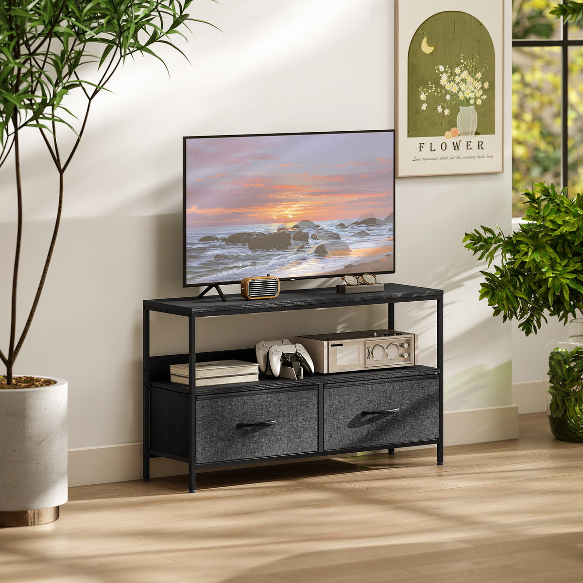 TV Cabinet, TV Console Unit with 2 Foldable Linen Drawers Black