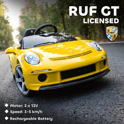 RUF GT Licensed Electric Car for Kids, 12V Kids Ride on Car with Suspension System, Remote Control, Music, Horn, USB, Slow Start and Safety Belt for 3-5 Years Old Boys and Girls, Yellow