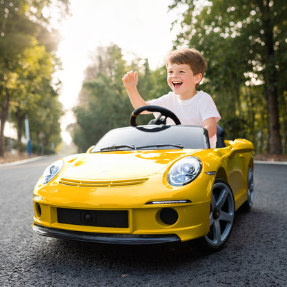RUF GT Licensed Electric Car for Kids, 12V Kids Ride on Car with Suspension System, Remote Control, Music, Horn, USB, Slow Start and Safety Belt for 3-5 Years Old Boys and Girls, Yellow