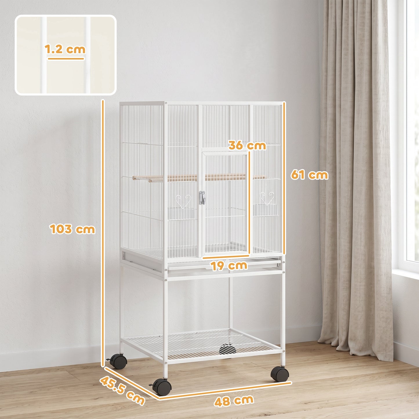 Detachable Bird Cage on Wheels, for Finches, Parakeets, Budgies, Budgie Cage, Parrot Aviary with Accessories, Storage Shelf - White