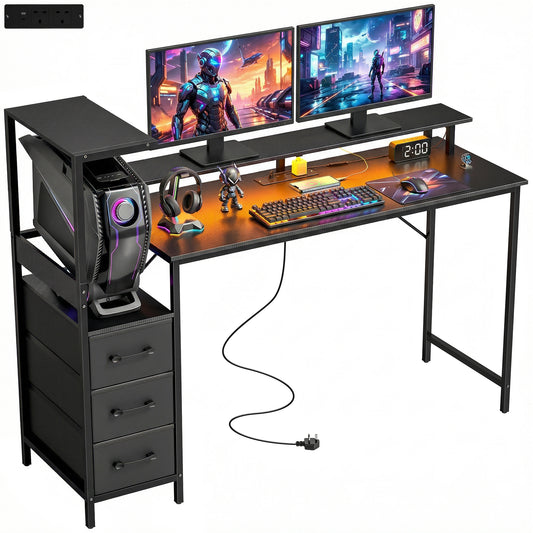 147cm Gaming Desk with Charging Station and RGB Lights, Black