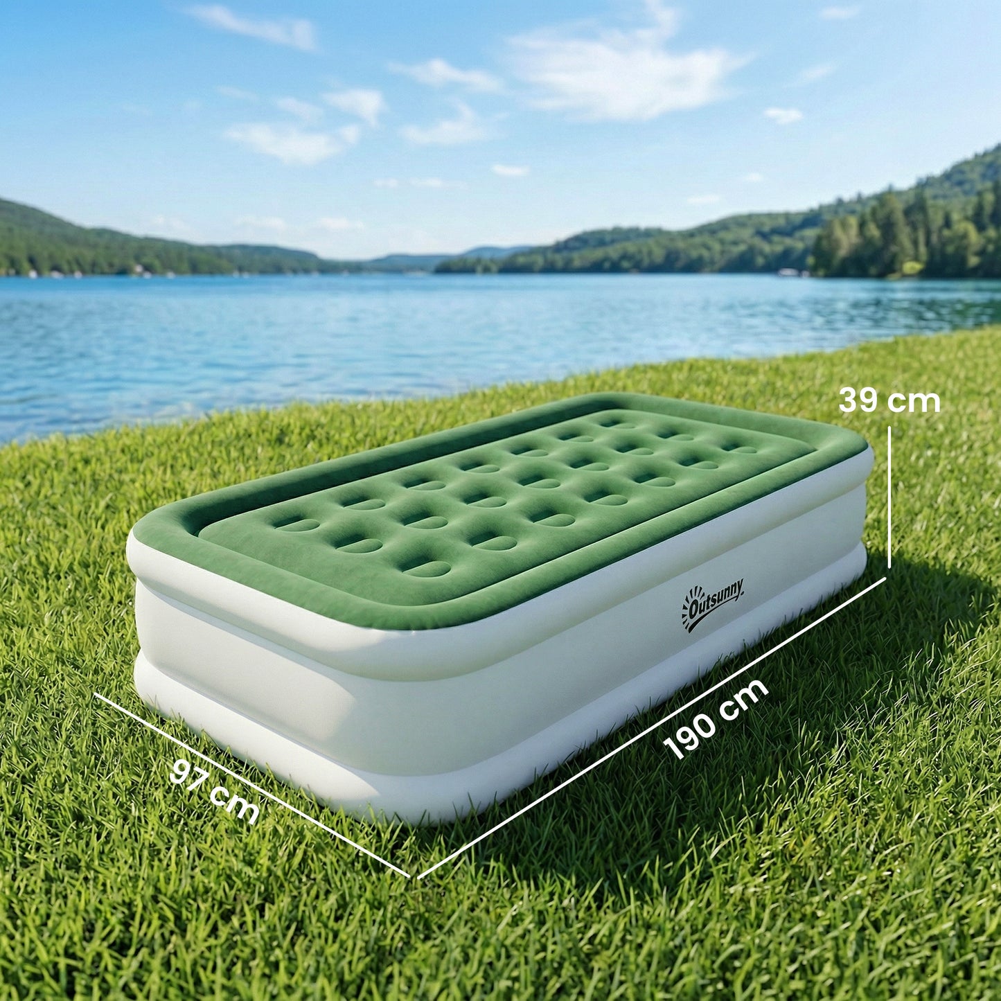 Inflatable Mattress, Single Air Bed with Built-in Pump, Dark Green