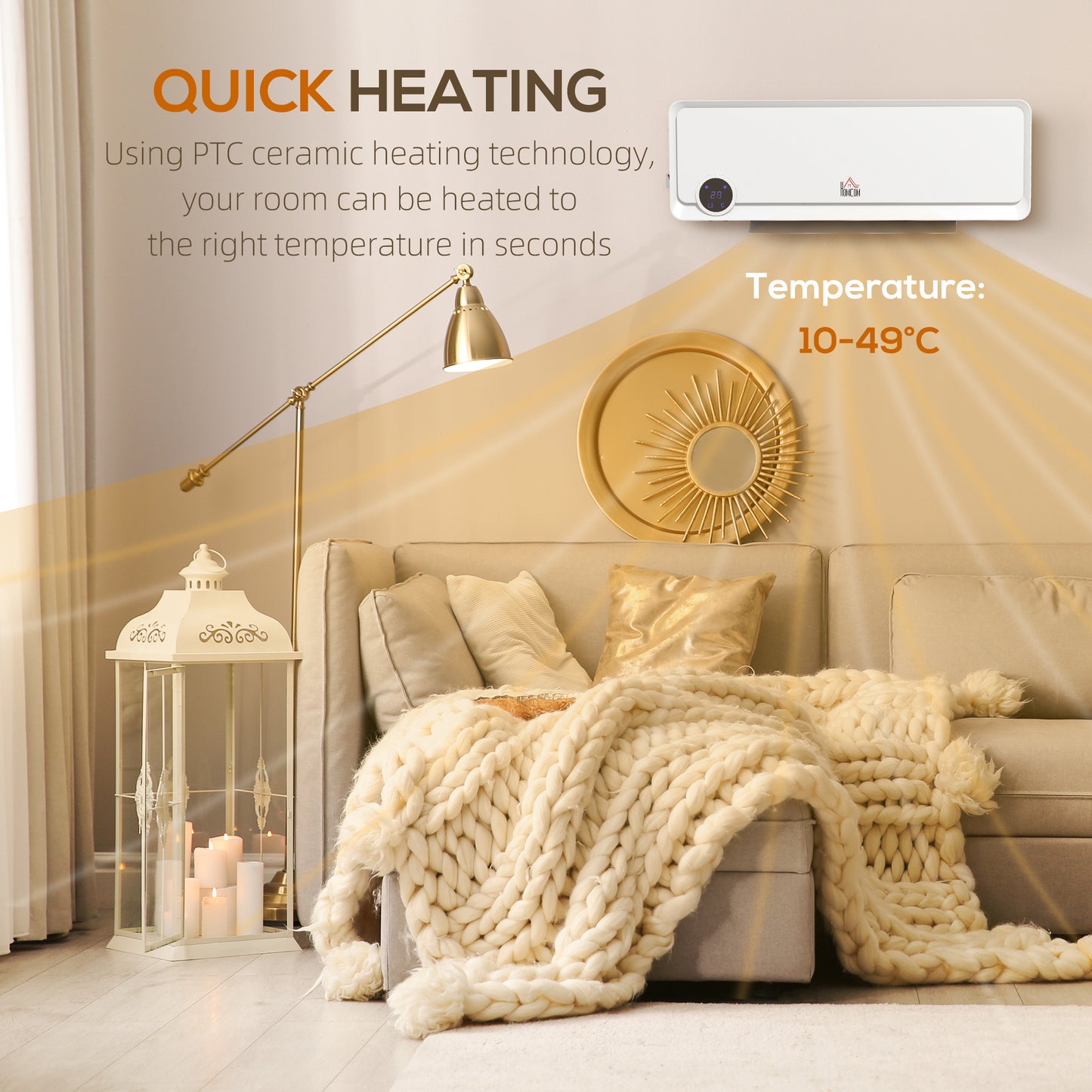 1000W/2000W Wall Downflow Heater 10-49°C Temperature, White