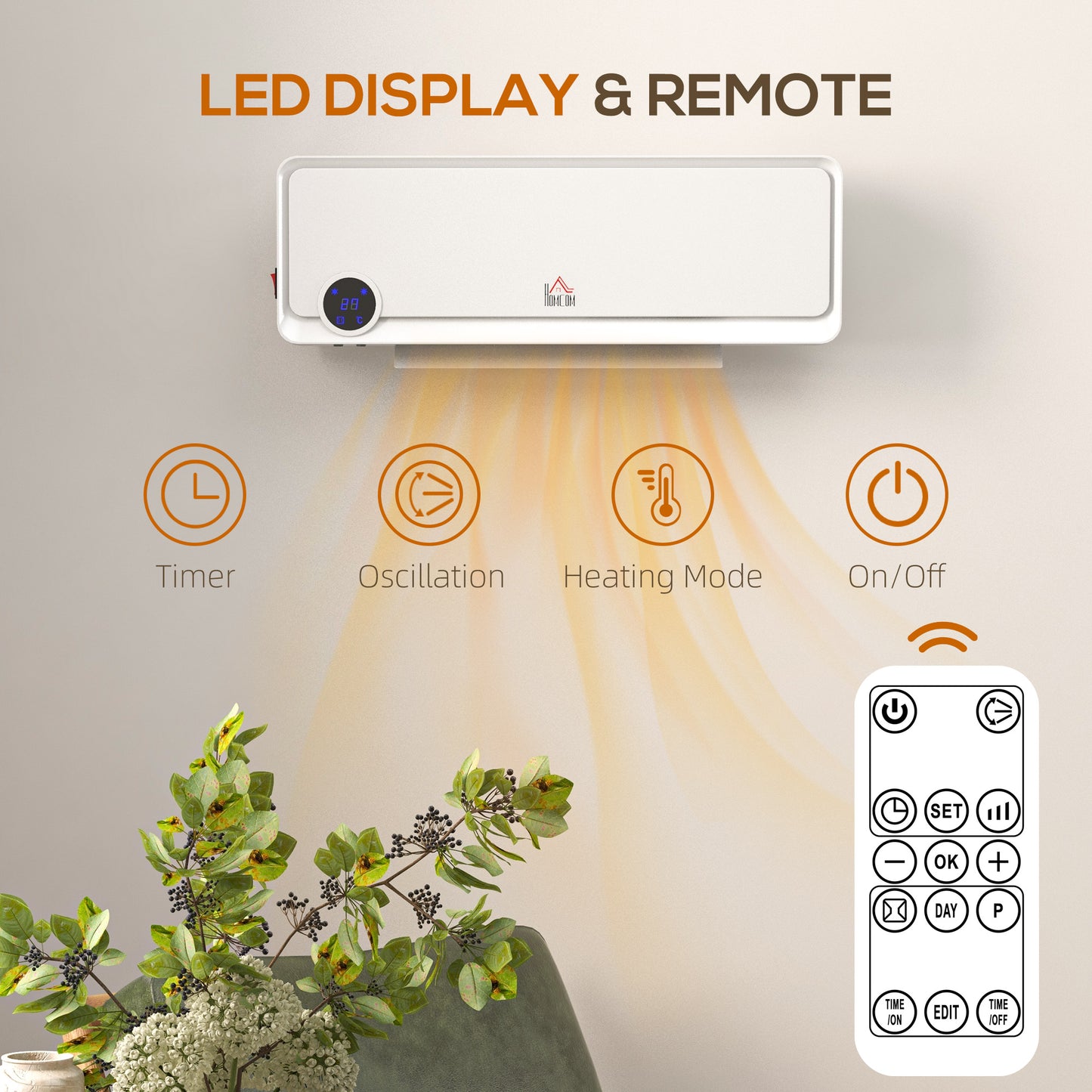 1000W/2000W Wall Downflow Heater 10-49°C Temperature, White