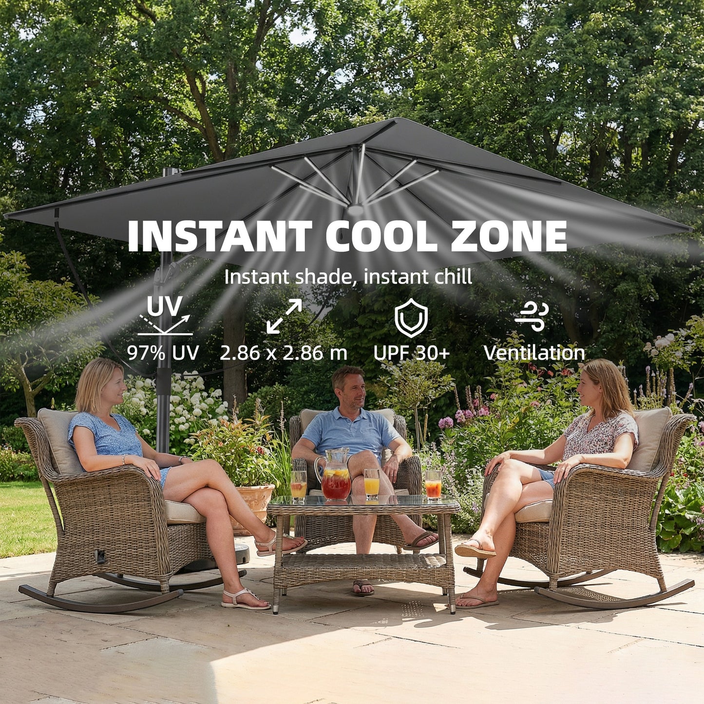 3 x 3 m Garden Cantilever Parasol w/ Light, Cover, Wind Protection