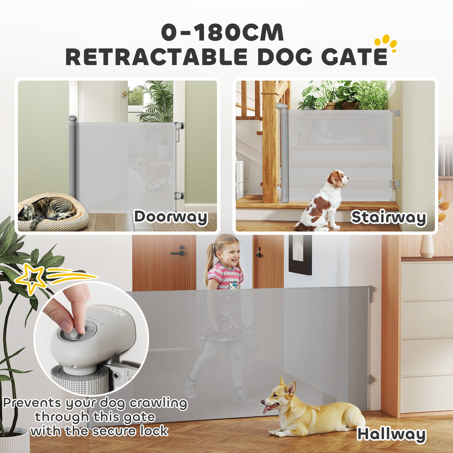 Retractable Stair Gate, Dog Gate Extends Up to 180 cm Wide, Grey