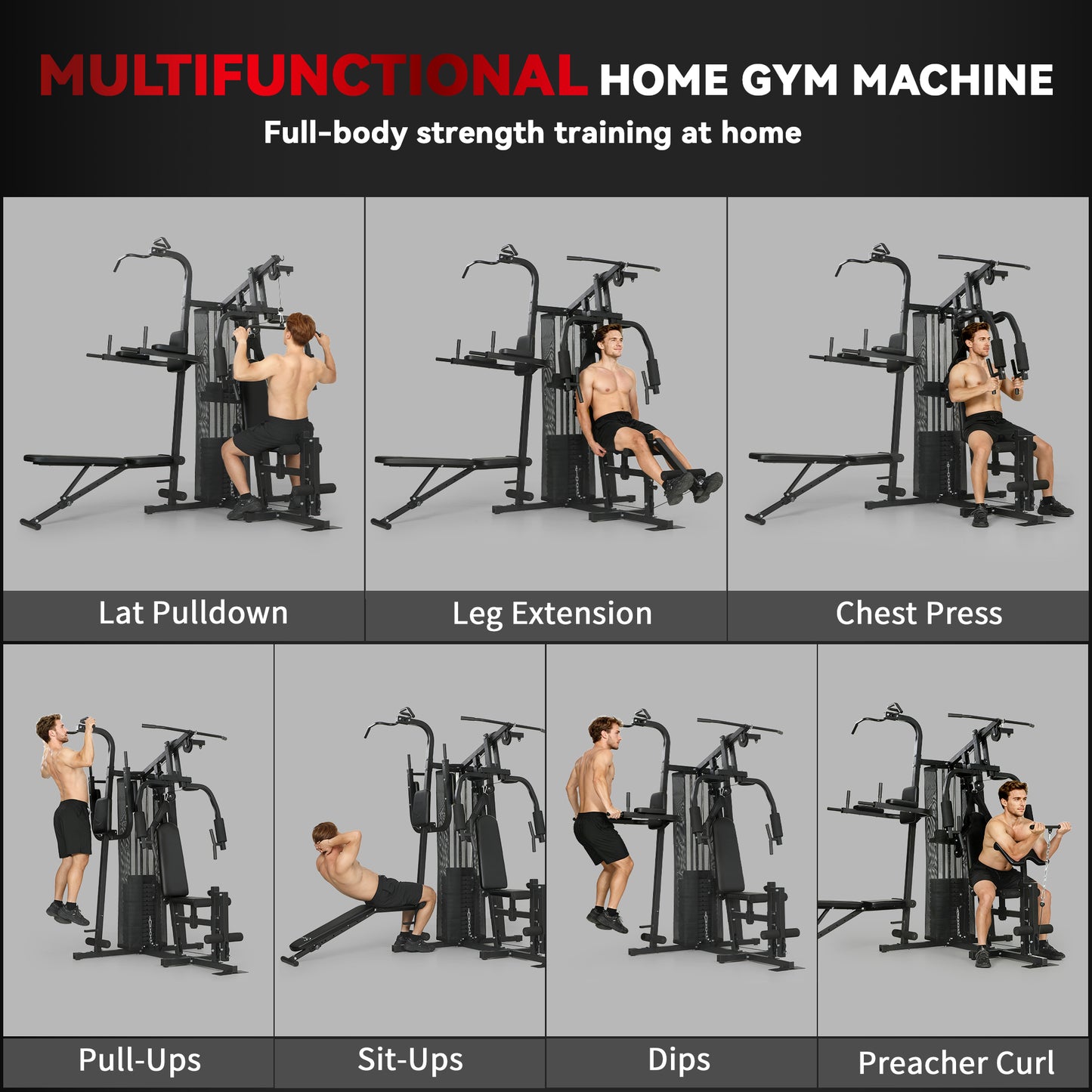 All-in-One Home Gym Machine, Multifunctional Power Cage with 69 kg Weight Stack and Pulley System, Home Gym Workout Station with Sit Up Bench, Adjustable Bench for Full Body Training, Black
