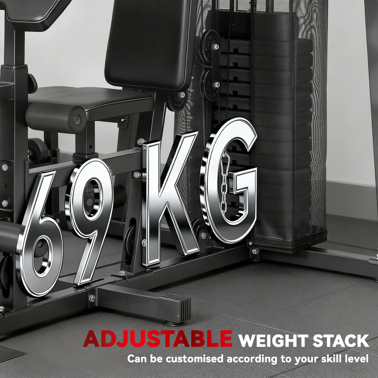 All-in-One Home Gym Machine, Multifunctional Power Cage with 69 kg Weight Stack and Pulley System, Home Gym Workout Station with Sit Up Bench, Adjustable Bench for Full Body Training, Black