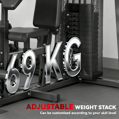 All-in-One Home Gym Machine, Multifunctional Power Cage with 69 kg Weight Stack and Pulley System, Home Gym Workout Station with Sit Up Bench, Adjustable Bench for Full Body Training, Black