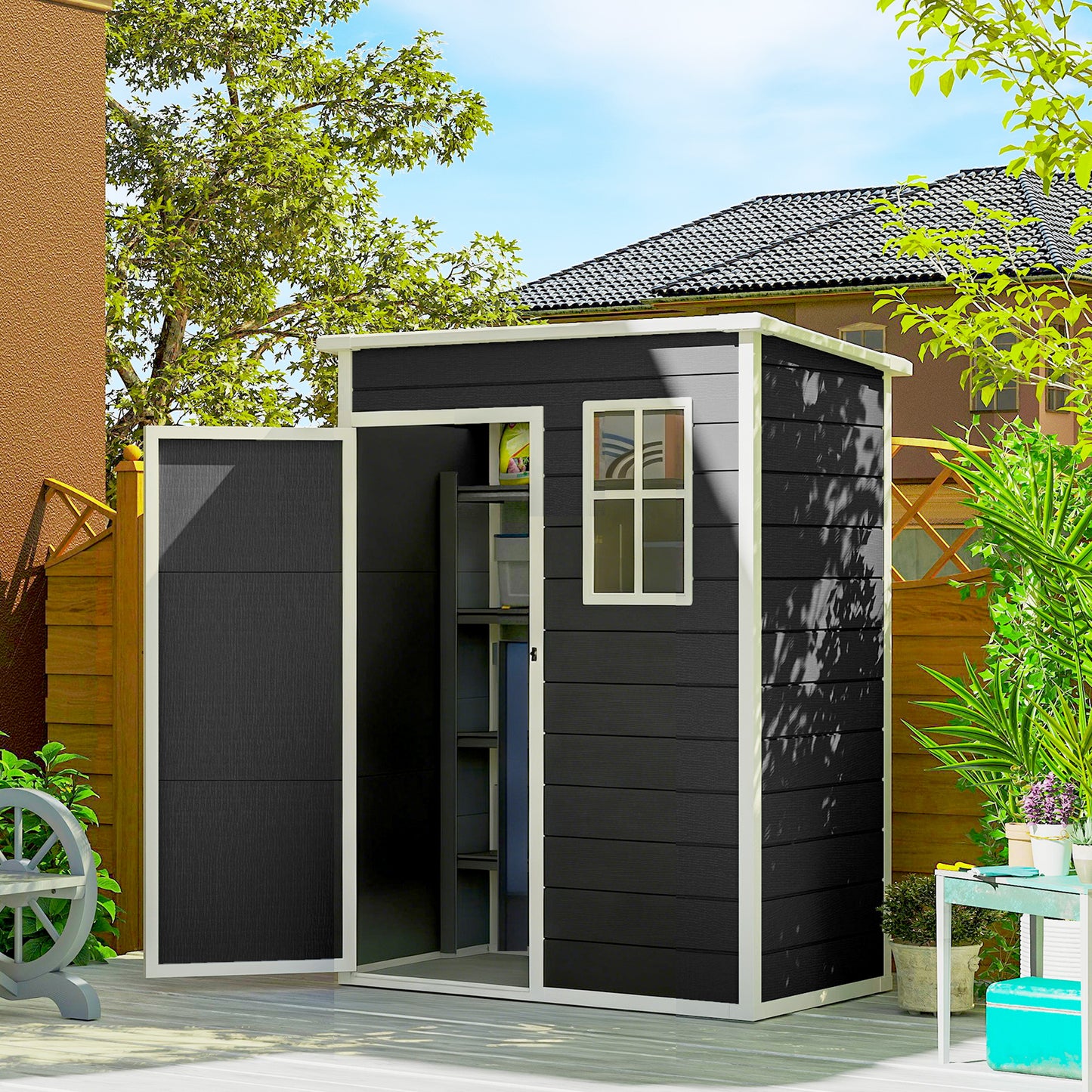 5' x 3' Garden Shed w/ Floor, Lockable Door, Window and Vent Black