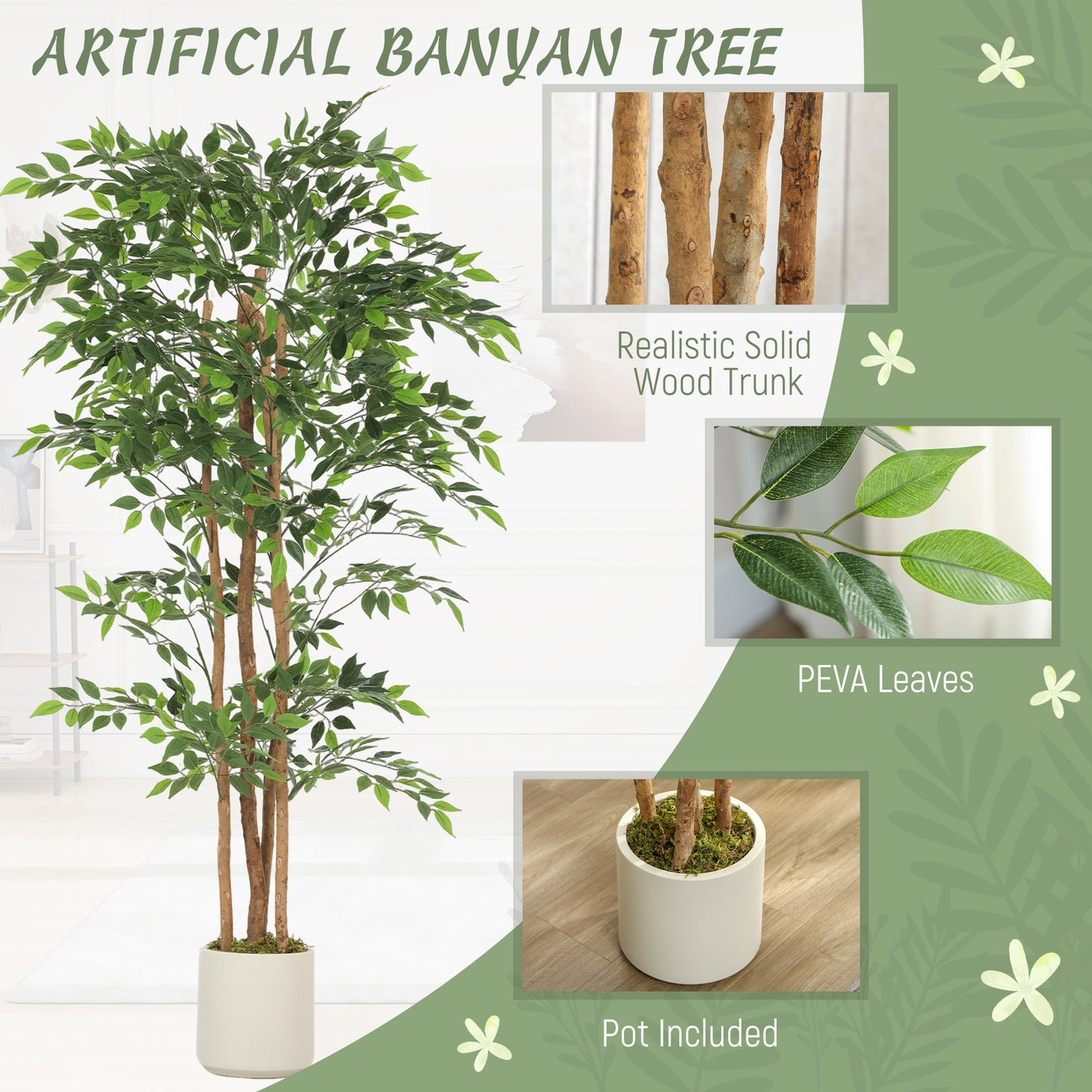 180cm Artificial Ficus Tree, Decorative Artificial Plant with Solid Wood Trunk and Pot for Indoor Living Room Home Office Decor, Green