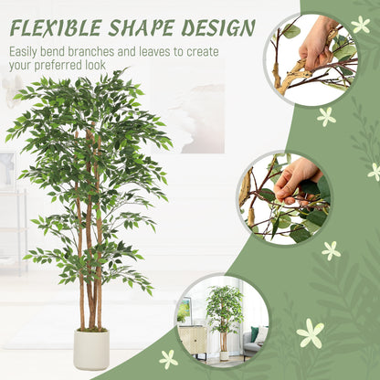 180cm Artificial Ficus Tree, Decorative Artificial Plant with Solid Wood Trunk and Pot for Indoor Living Room Home Office Decor, Green