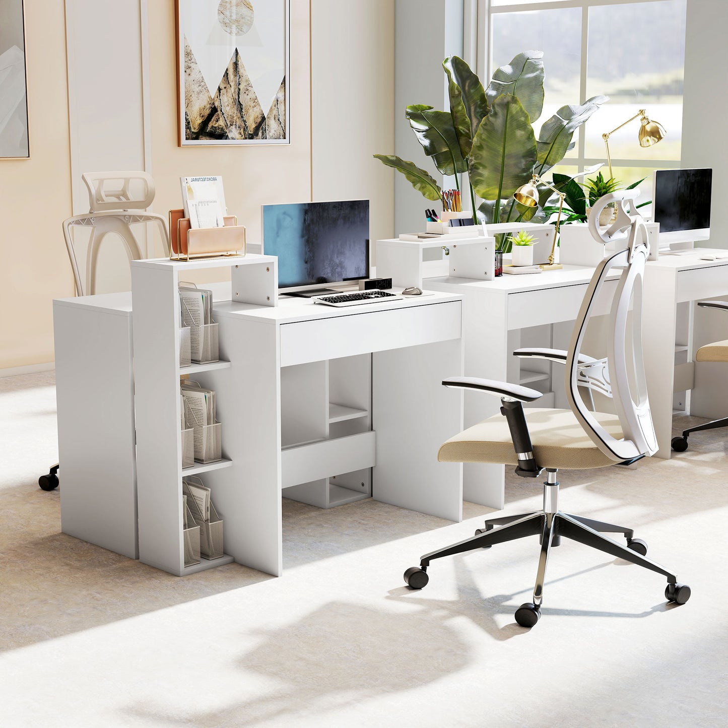 Computer Desk with 3 Open Shelves and Drawer, White