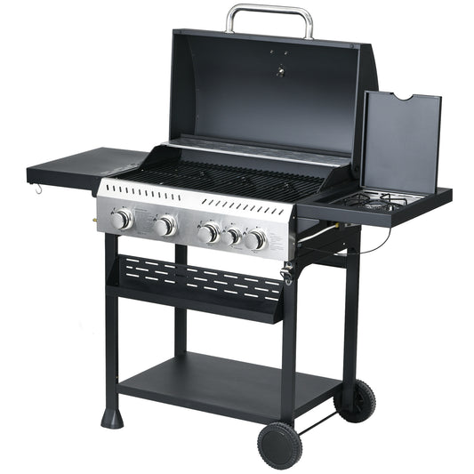 Galvanised Steel 4+1 Gas Burner BBQ Grill Trolley, Black