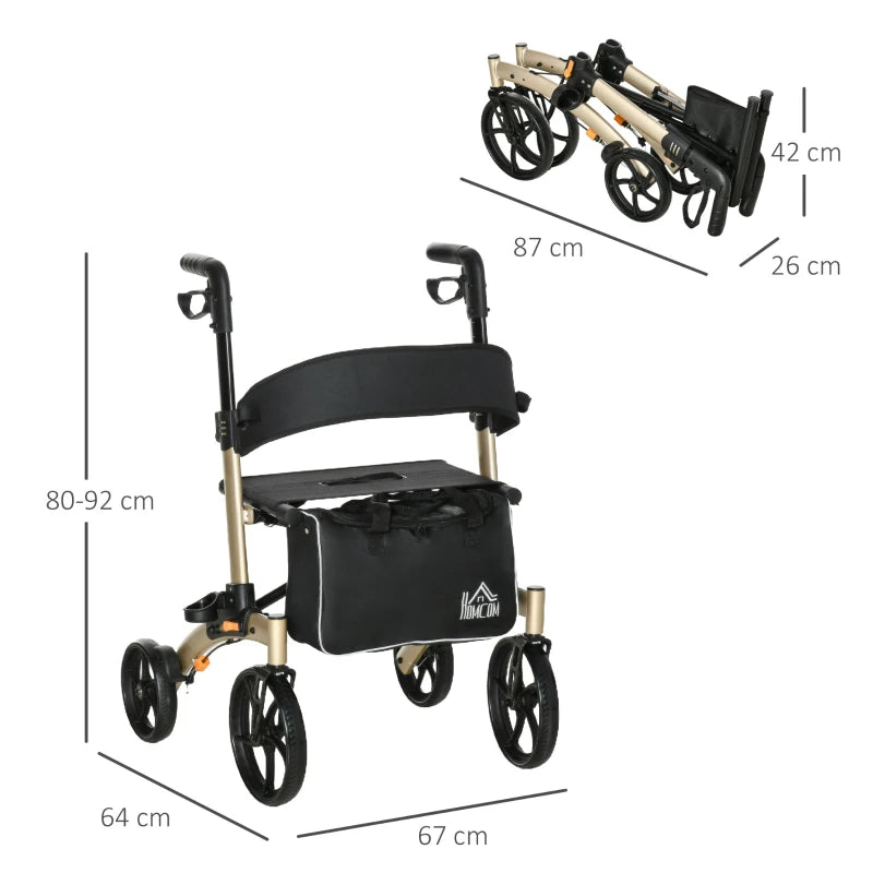 Folding Rollator with Cane Holder, Adjustable Handle Height