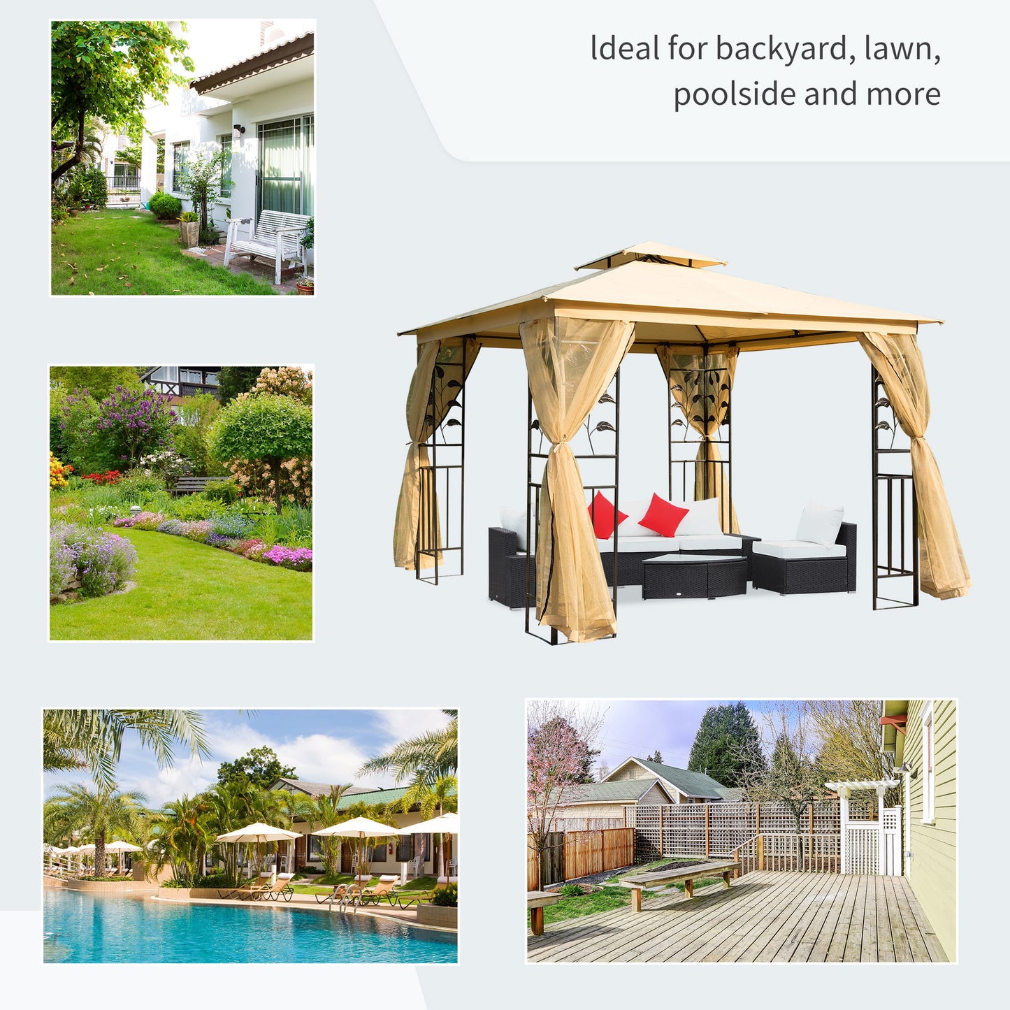 Outsunny 3(m) x 3(m) Garden Gazebo, Double Roof Outdoor Gazebo Canopy Shelter with Netting, Solid Steel Frame, for Garden, Lawn, Backyard, and Deck