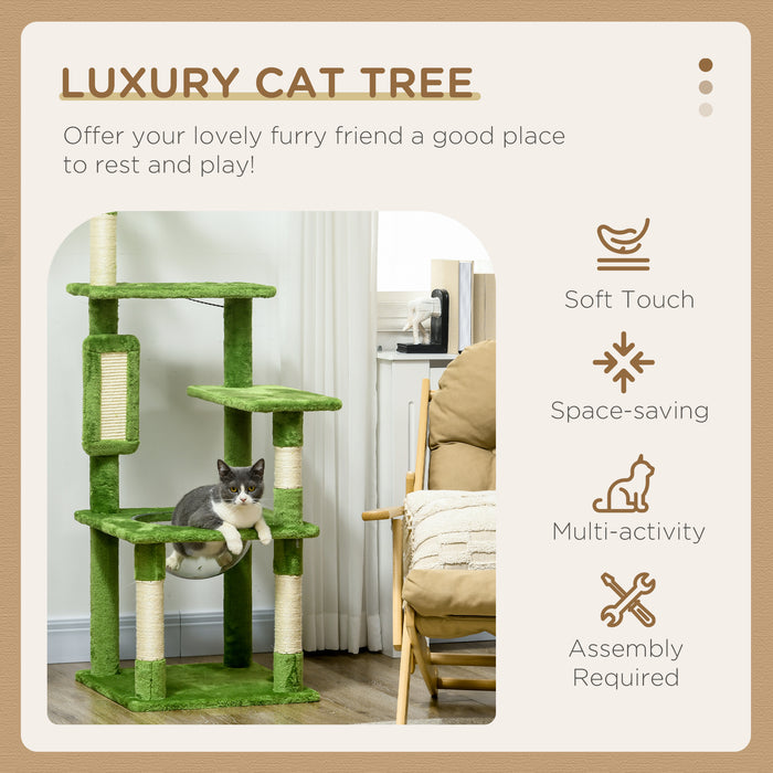 142cm Cat Tree Tower, with Scratching Post, Hammock, Toy Ball, Platforms - Green