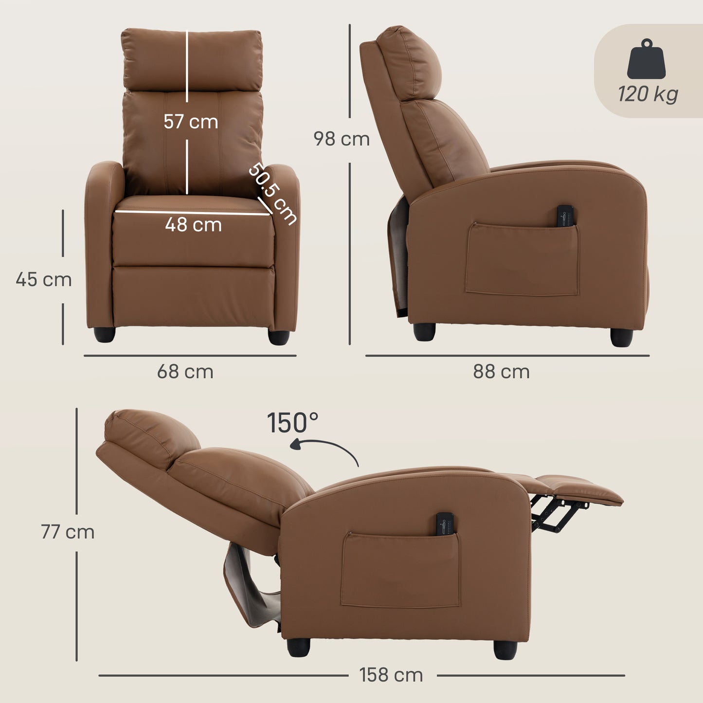 Recliner Sofa Chair PU Leather Massage Armcair w/ Remote, Dark Brown