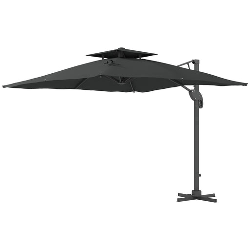 Garden Parasol, 3(m) Cantilever Parasol with Hydraulic Mechanism, Dual Vented Top, 8 Ribs, Cross Base, Grey