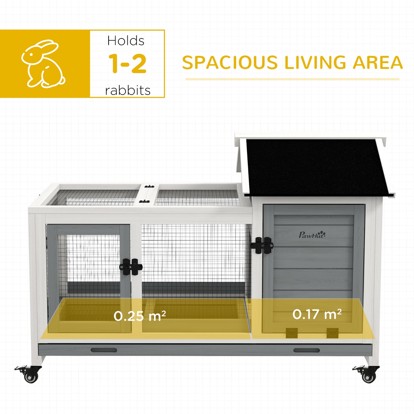 Rabbit Hutch, Guinea Pig Cage with Wheels, Outdoor/Indoor, Grey