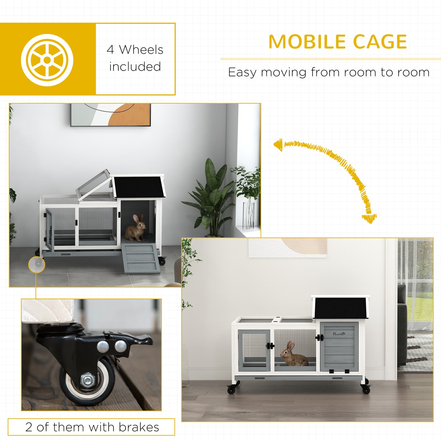 Rabbit Hutch, Guinea Pig Cage with Wheels, Outdoor/Indoor, Grey