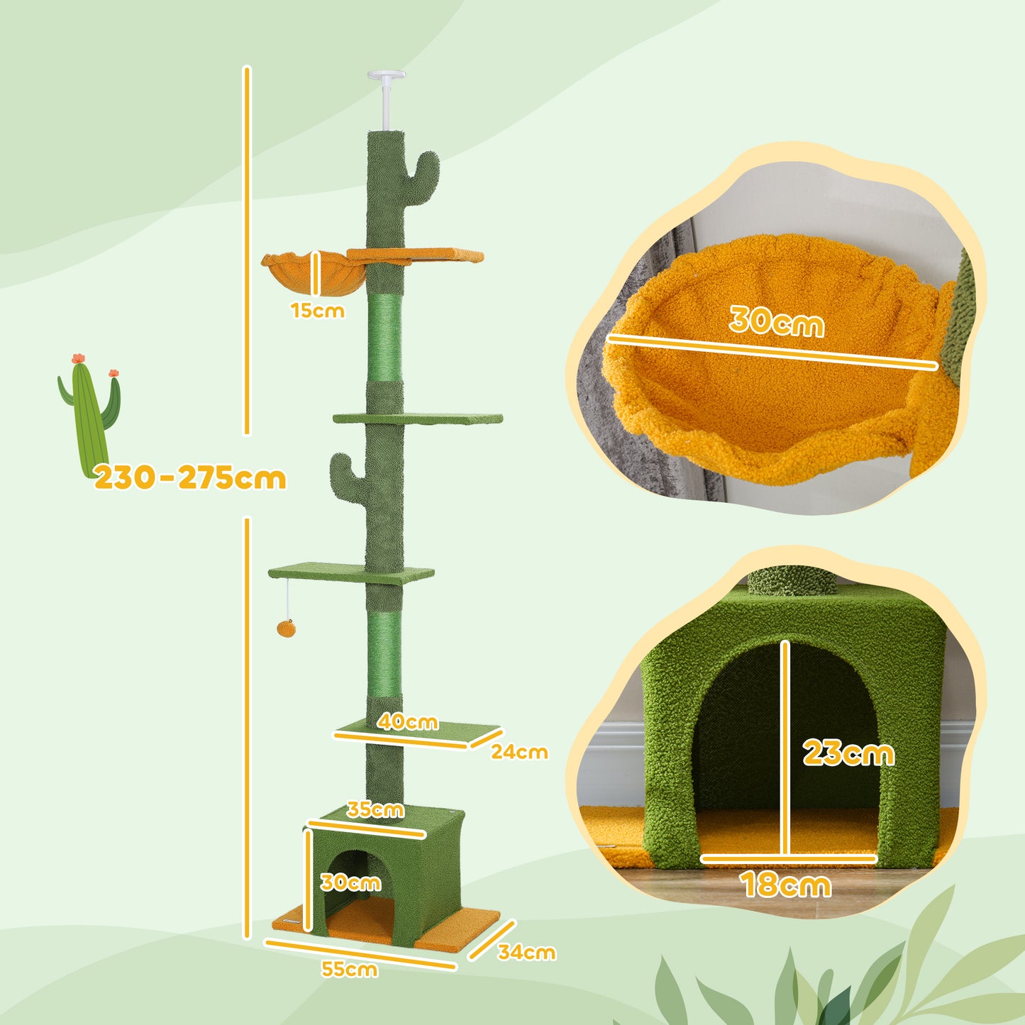 230-275cm Floor-to-Ceiling Cat Tree for Indoor Cats with Cat House
