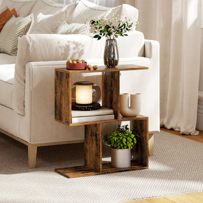 Side Table, Narrow End Table with Storage Shelves, Rustic Brown