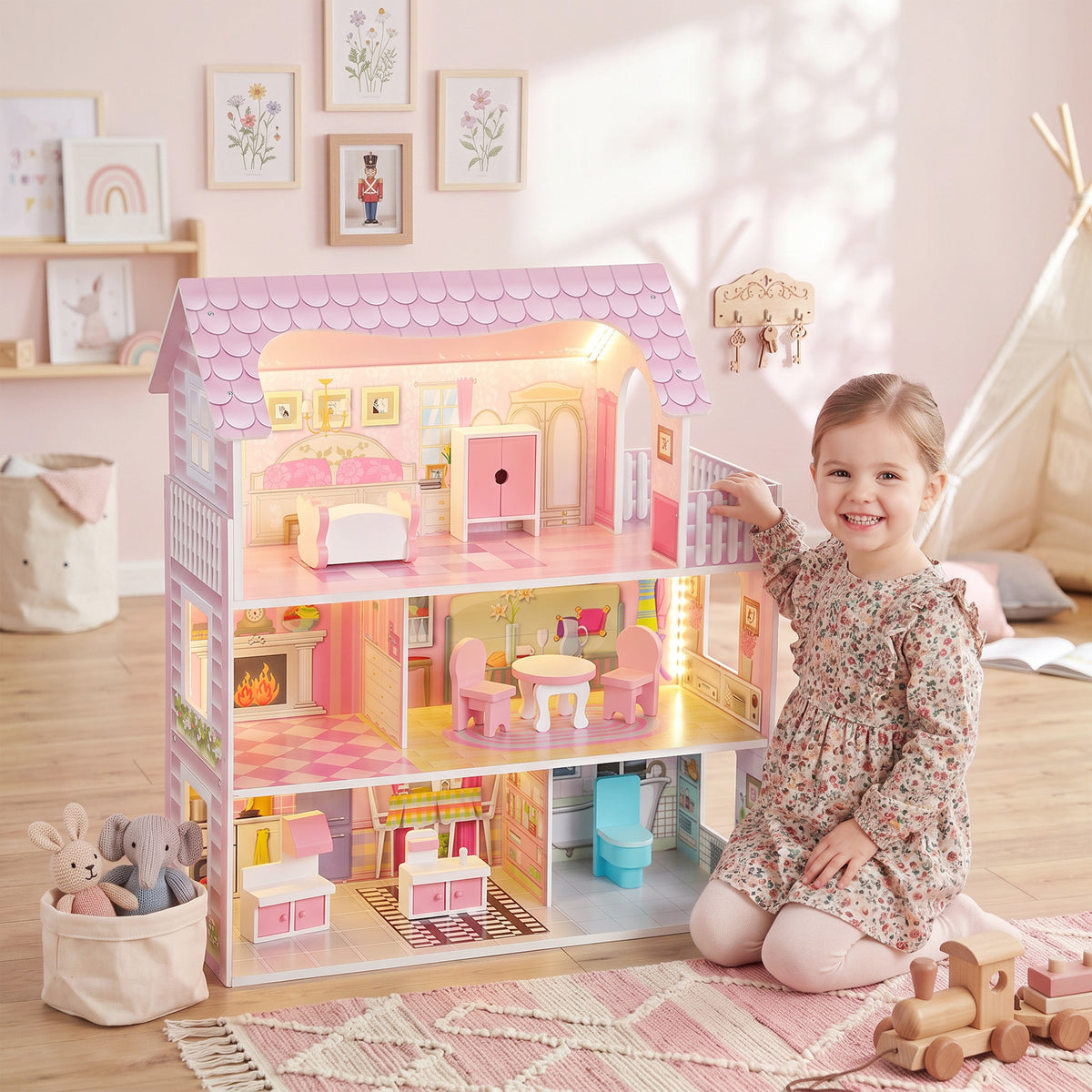 3-Storey Dolls' House with LED Lighting and 8 Furniture Pieces - Pink