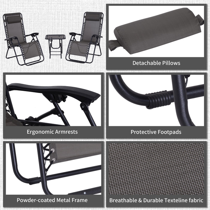 3pcs Folding Zero Gravity Chairs Sun Lounger Table Set w/ Cup Holders Reclining Garden Yard Pool, Dark Grey