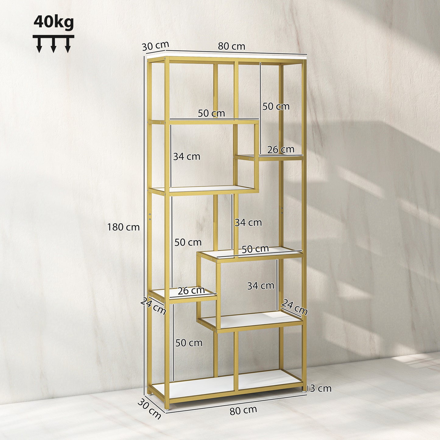 Modern Bookcase 7-Tier Bookshelf Shelving Unit White Gold Tone