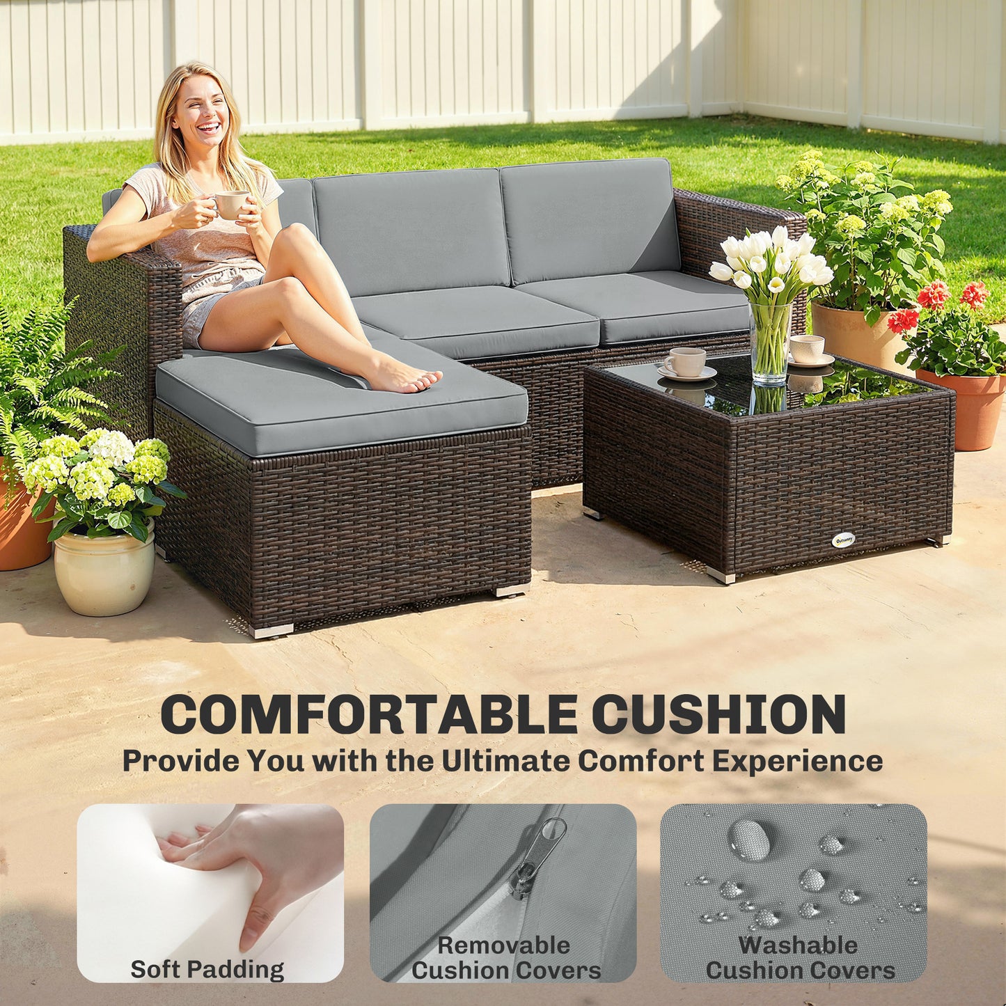 Garden Furniture Set w/ Padded Cushions Corner Sofa Set, Light Grey