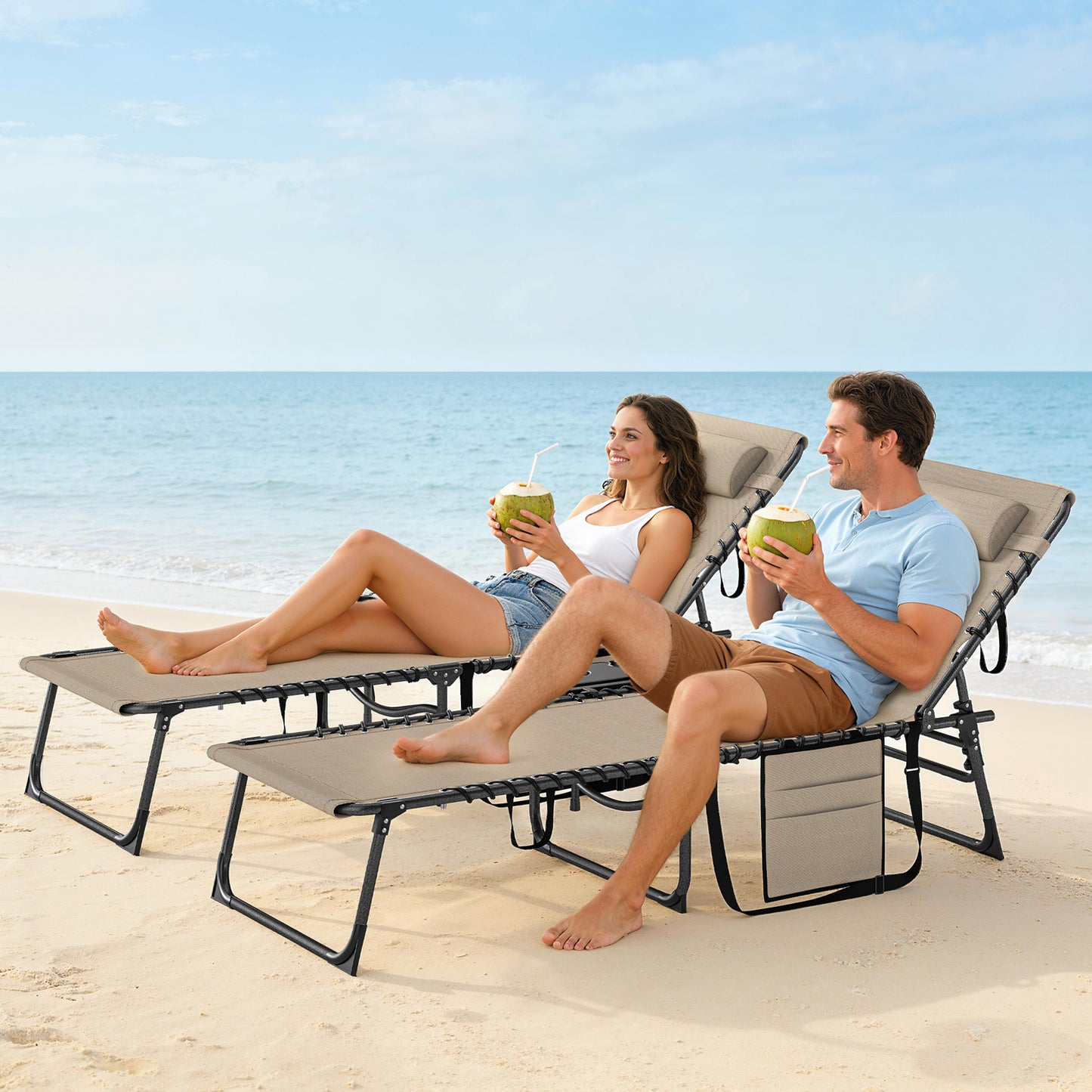 Folding Sun Loungers with 5-Level Back, Cup Holder, Beige