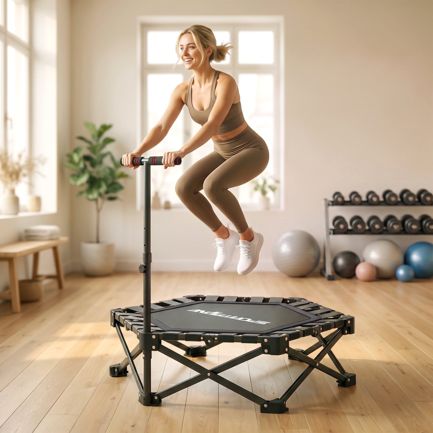 42" Foldable Mini Trampoline, One-Step Fold & Open, Hexagonal Rebounder Trampoline with 3-Level Adjustable Handle for Adults for Indoor Outdoor Workout, Black