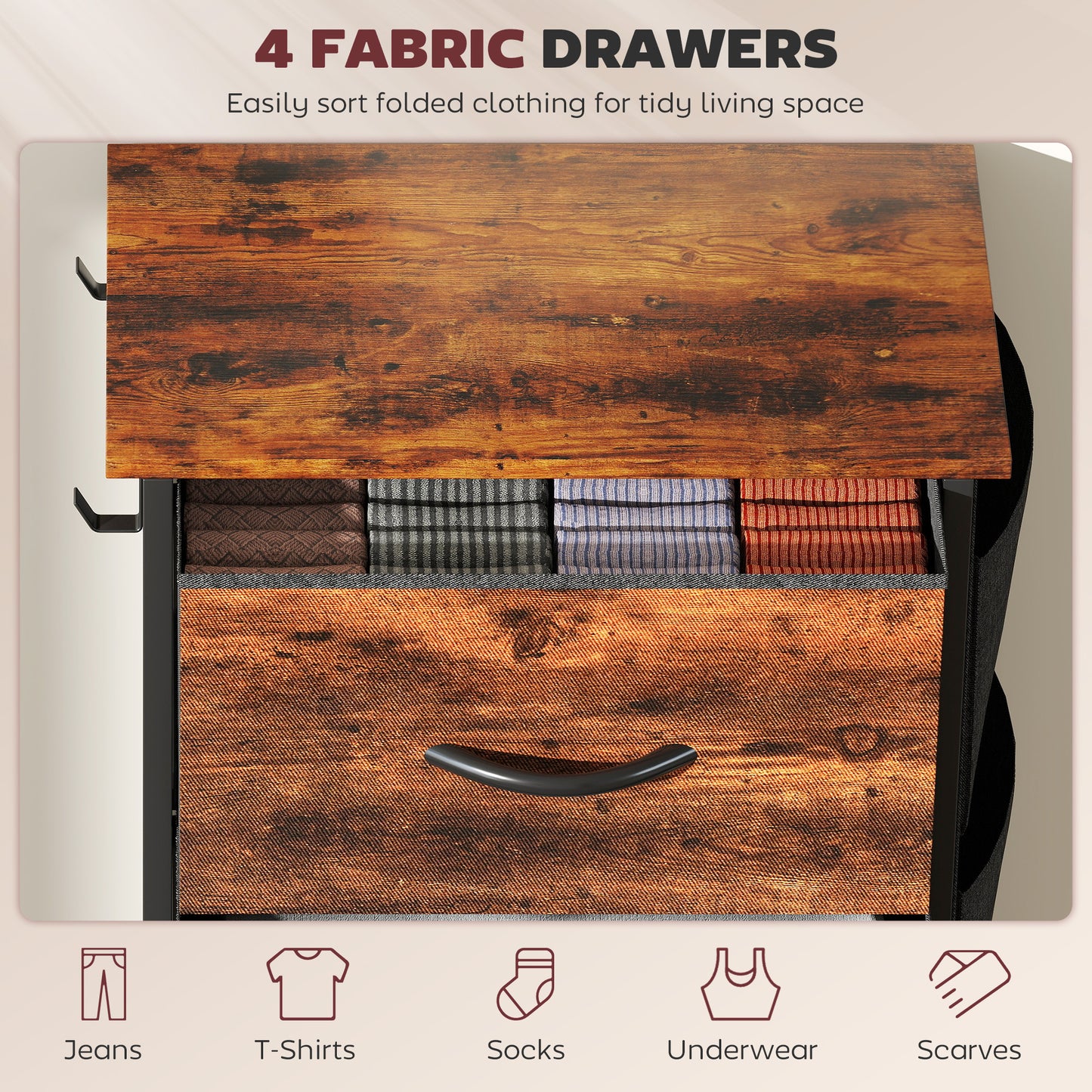 Fabric Chest of Drawers, 4 Drawer Dresser for Bedroom, Rustic Brown