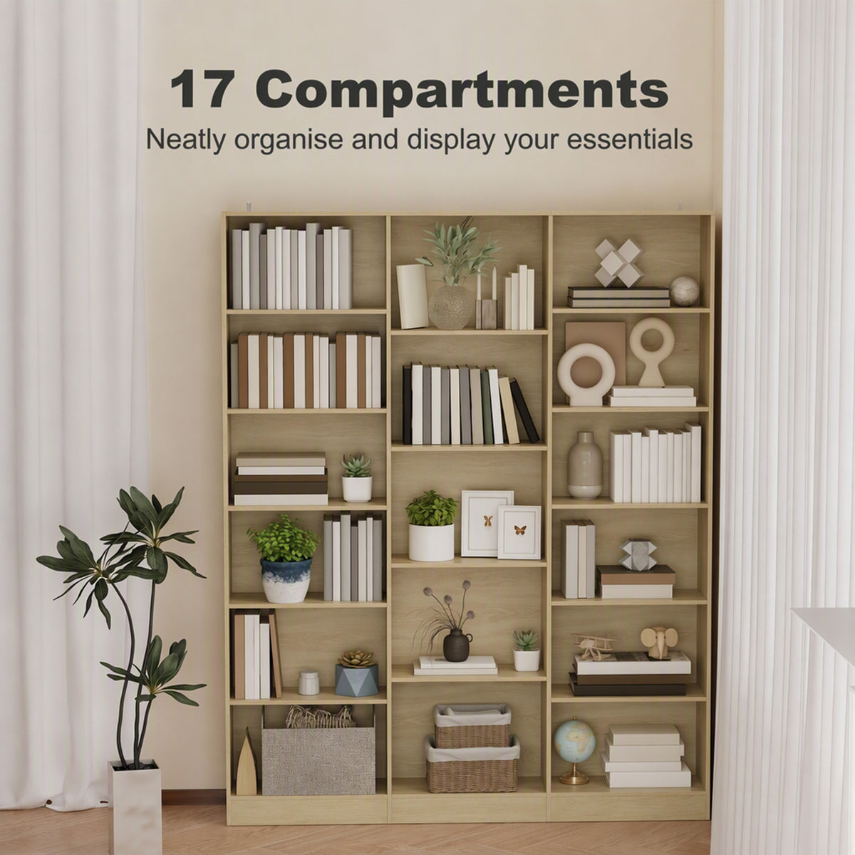 Bookcase Freestanding Open Storage Shelf with 17 Compartments