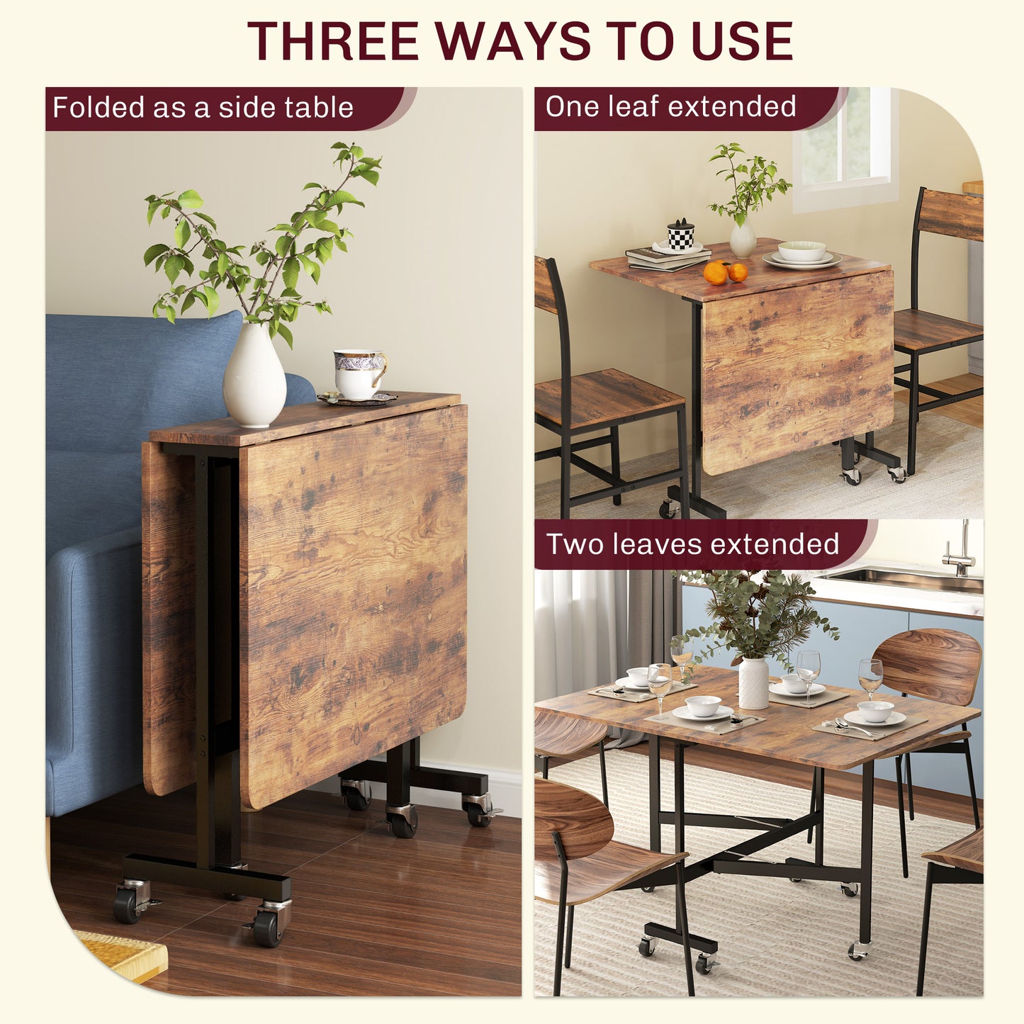 Mobile Drop Leaf Table, Folding Kitchen Table with 6 Wheels, Brown