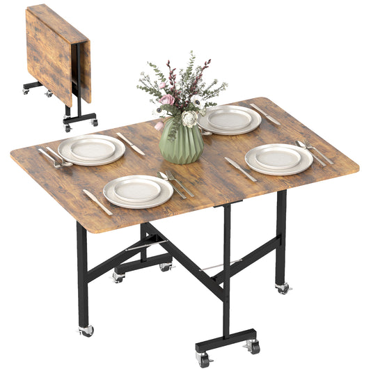 Mobile Drop Leaf Table, Folding Kitchen Table with 6 Wheels, Brown
