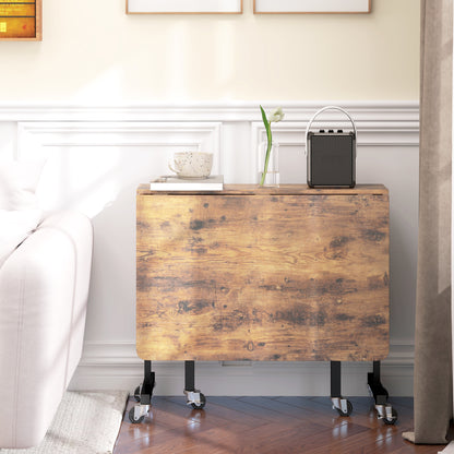 Mobile Drop Leaf Table, Folding Kitchen Table with 6 Wheels, Brown