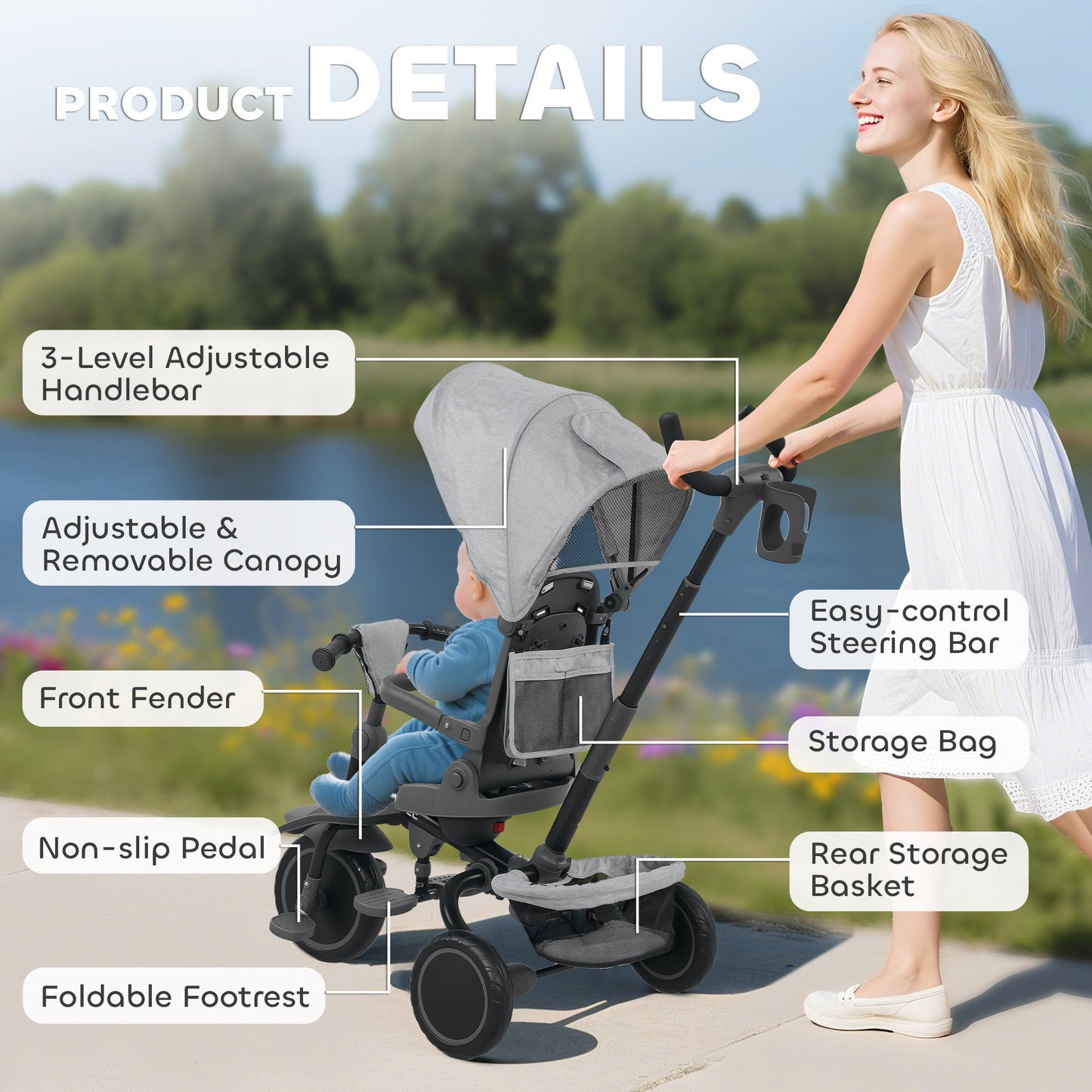 6 in 1 Kids Trike, Toddler Tricycle with Parent Handle, Grey