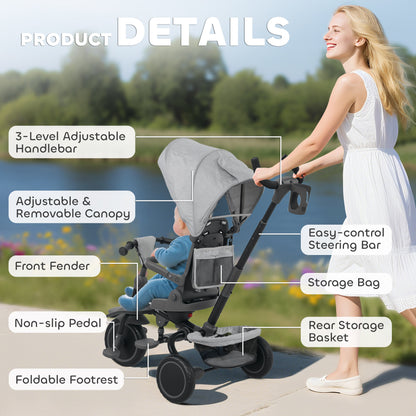 6 in 1 Kids Trike, Toddler Tricycle with Parent Handle, Grey