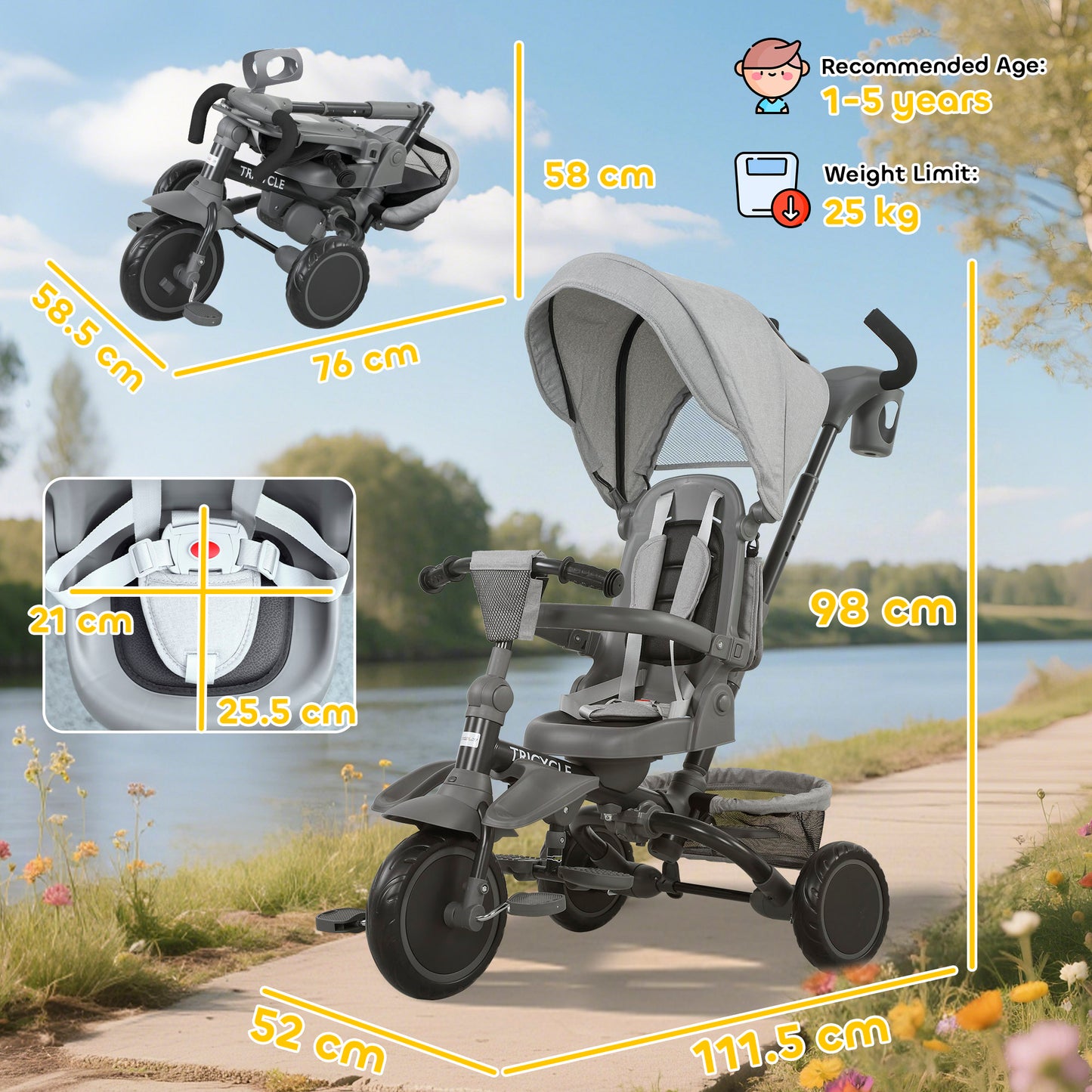 6 in 1 Kids Trike, Toddler Tricycle with Parent Handle, Grey