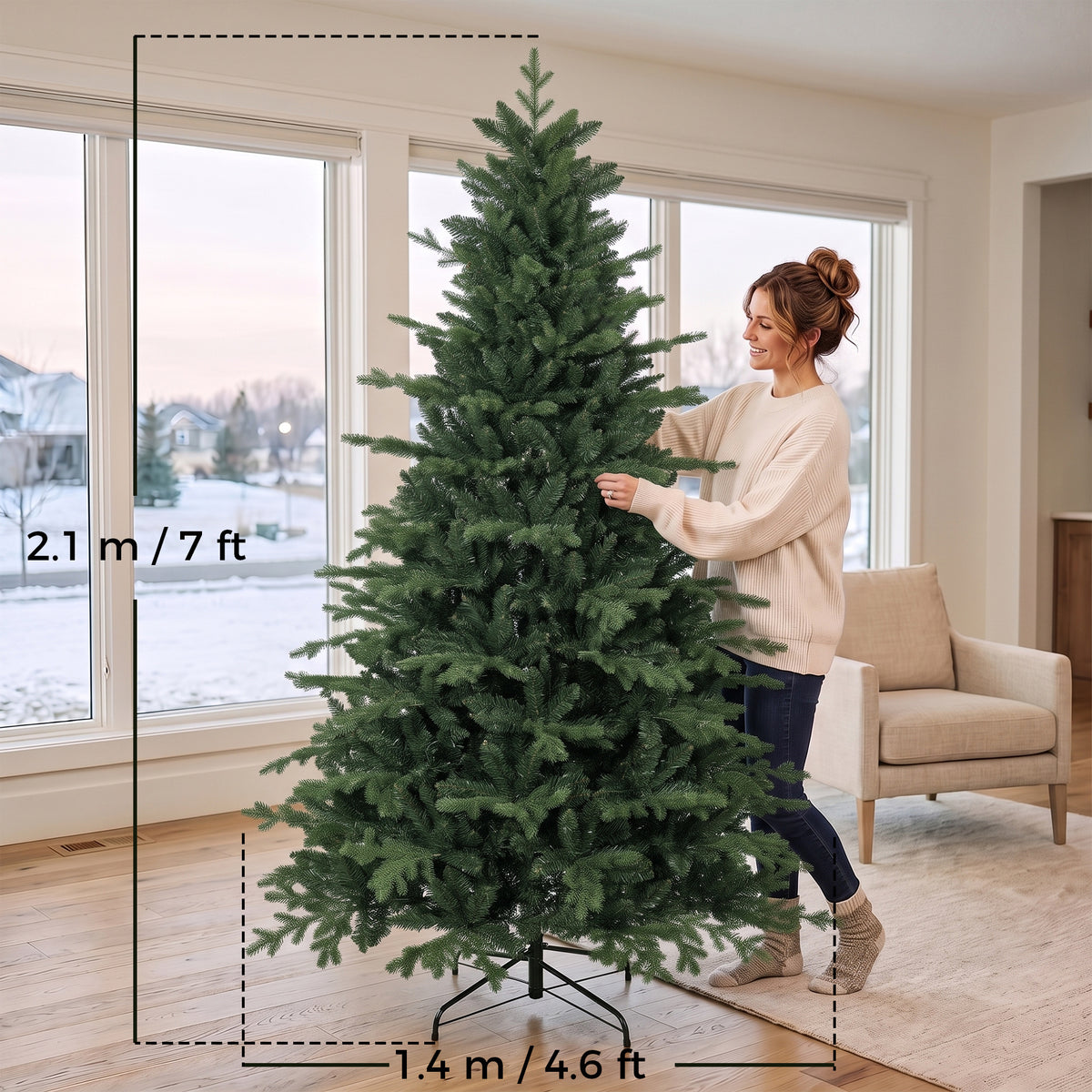 7 Ft Artificial Christmas Tree with Metal Base, Hinged Branches