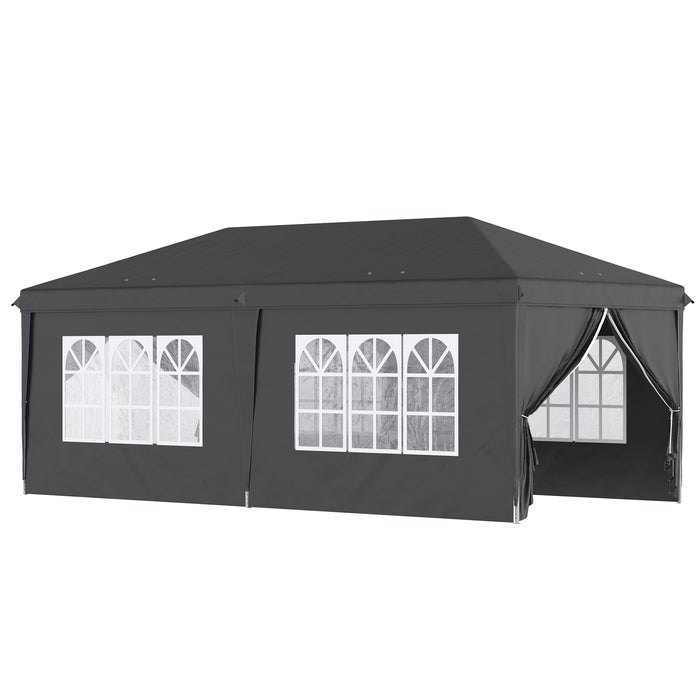 3 x 6 m Pop Up Gazebo with Sides and Windows, Height Adjustable Party Tent with Storage Bag for Garden, Camping, Event, Black