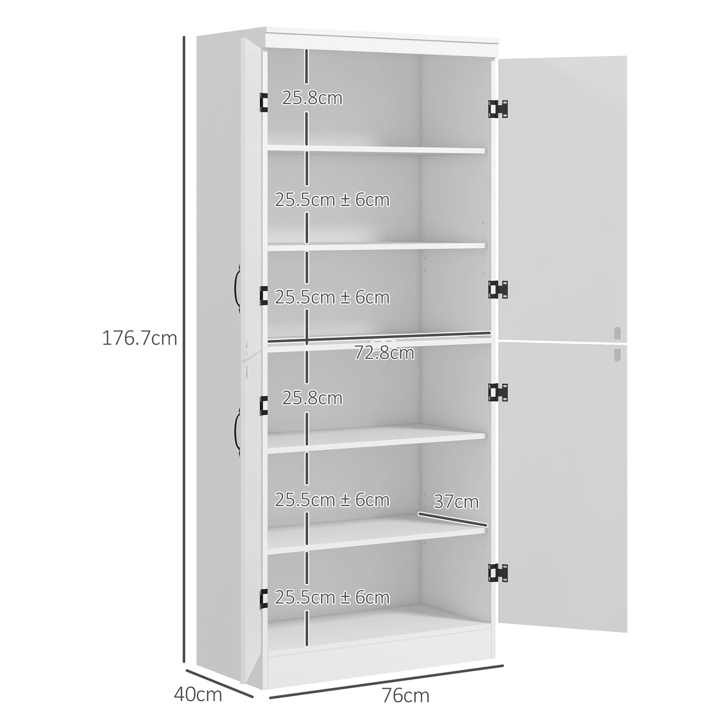 4-Door Tall Kitchen Cupboard, Freestanding 6-Tier Storage Cabinet with 2 Adjustable Shelves for Living Room, Dining Room, White