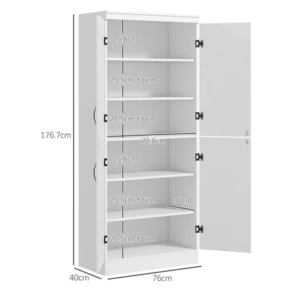 4-Door Tall Kitchen Cupboard, Freestanding 6-Tier Storage Cabinet with 2 Adjustable Shelves for Living Room, Dining Room, White
