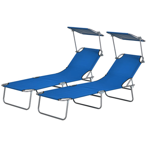 Outdoor Foldable Sun Lounger Set of 2, 4 Level Adjustable Backrest Reclining Sun Lounger Chair with Angle Adjust Sun Shade Awning for Beach, Garden, Patio, Blue