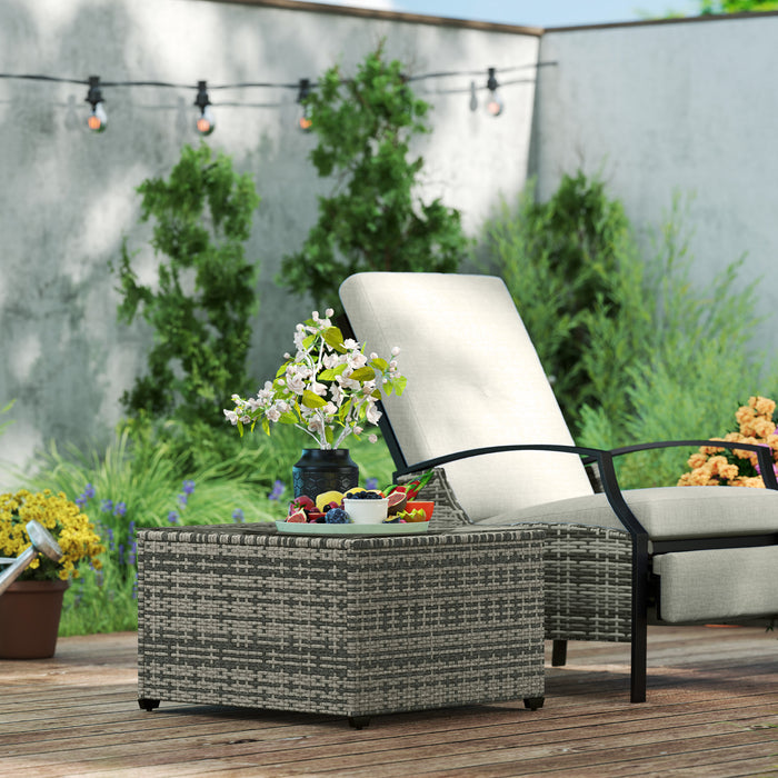 Outdoor Coffee Table with Glass Top, Rattan Side Table, Light Grey