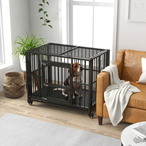 43" Heavy Duty Dog Crate, Foldable Dog Cage, with Openable Top, Locks, Removable Tray, Wheels - Black