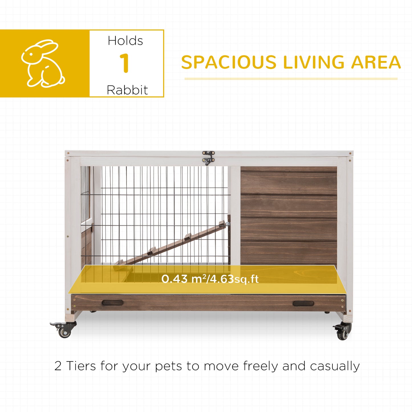 Rabbit Cages, Guinea Pig Hutch w/ Roof & Wheels, No-Leak Tray, Brown